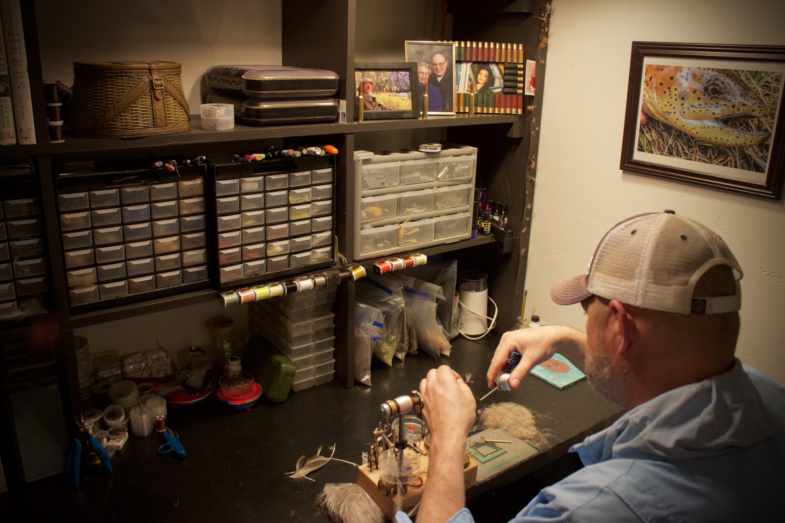 With his innovative trout flies in high demand, Hostetler straps himself to the tying bench when he’s not guiding